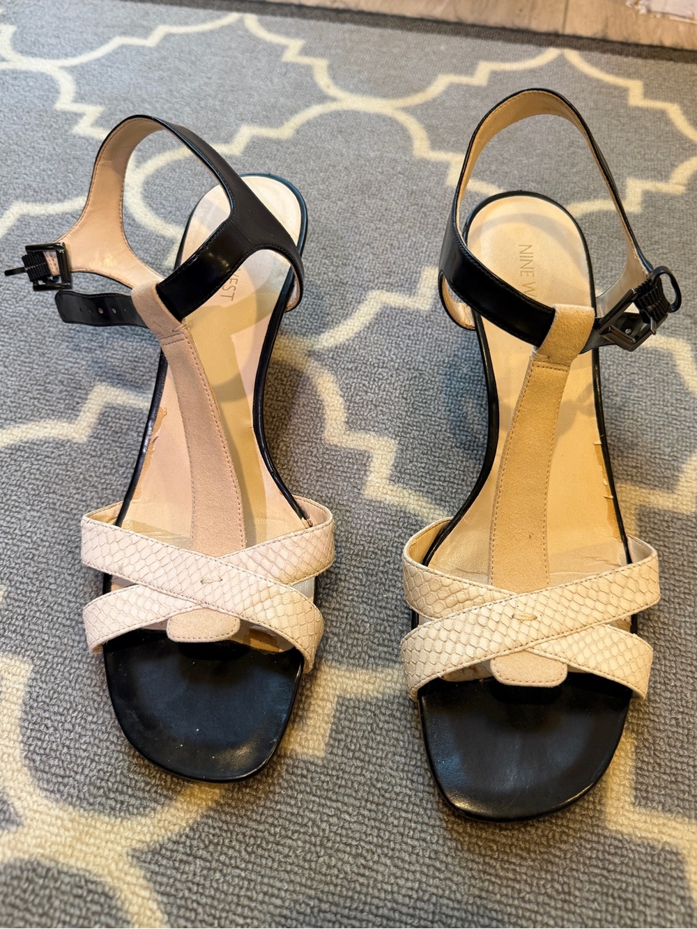 Nine West Black and Beige T-Strap Heeled Sandals Size 11